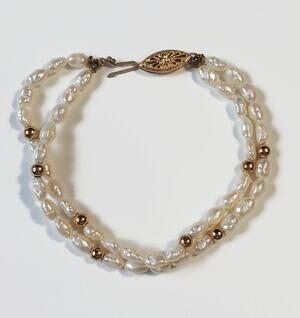 Double Strand Freshwater Pearl Rice  Bead 14k Yellow Gold Bead Clasp Bracelet